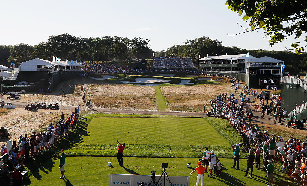 FARMINGDALE, NY - AUGUST 28: Patrick Reed hits his tee shot on the 17th hole during the final round of The Barclays in the PGA Tour FedExCup Play-Offs on the Black Course at Bethpage State Park on August 28, 2016 in Farmingdale, New York. (Photo by Kevin C. Cox/Getty Images)